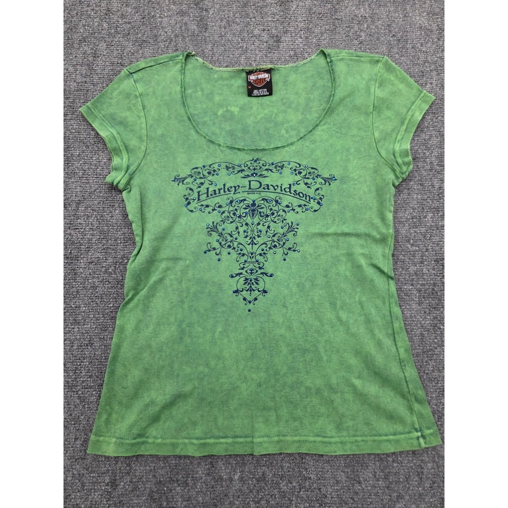 Vintage Harley Davidson Green Rhinestone Ladies Myrtle Beach Top Shirt USA - M